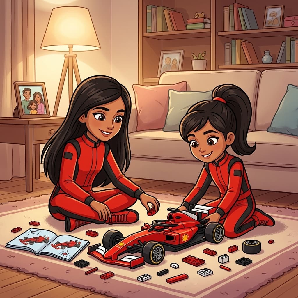 Malini and Sivi building a red Formula 1 race car out of Lego on the playroom floor