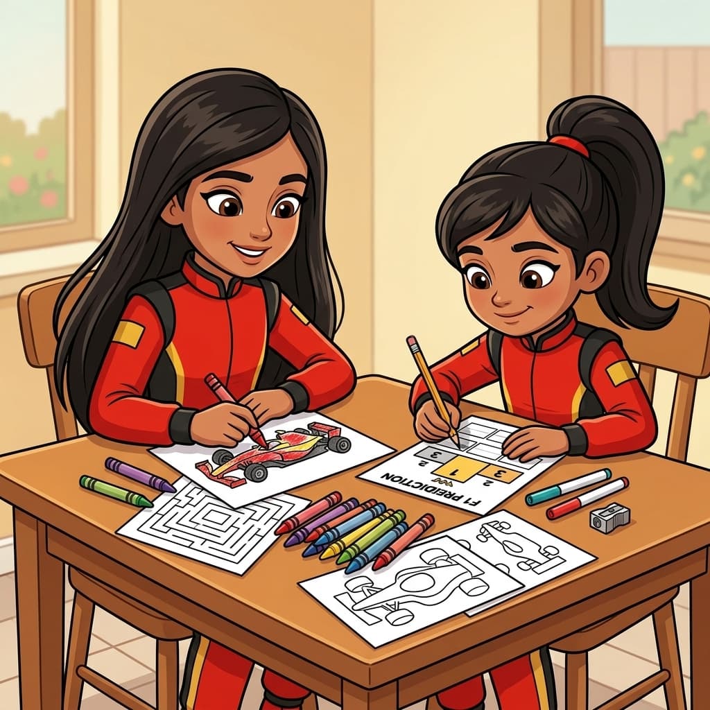 Two young racing fans doing a Paddock Pass Kids activity packet together — coloring an F1 car and filling in predictions