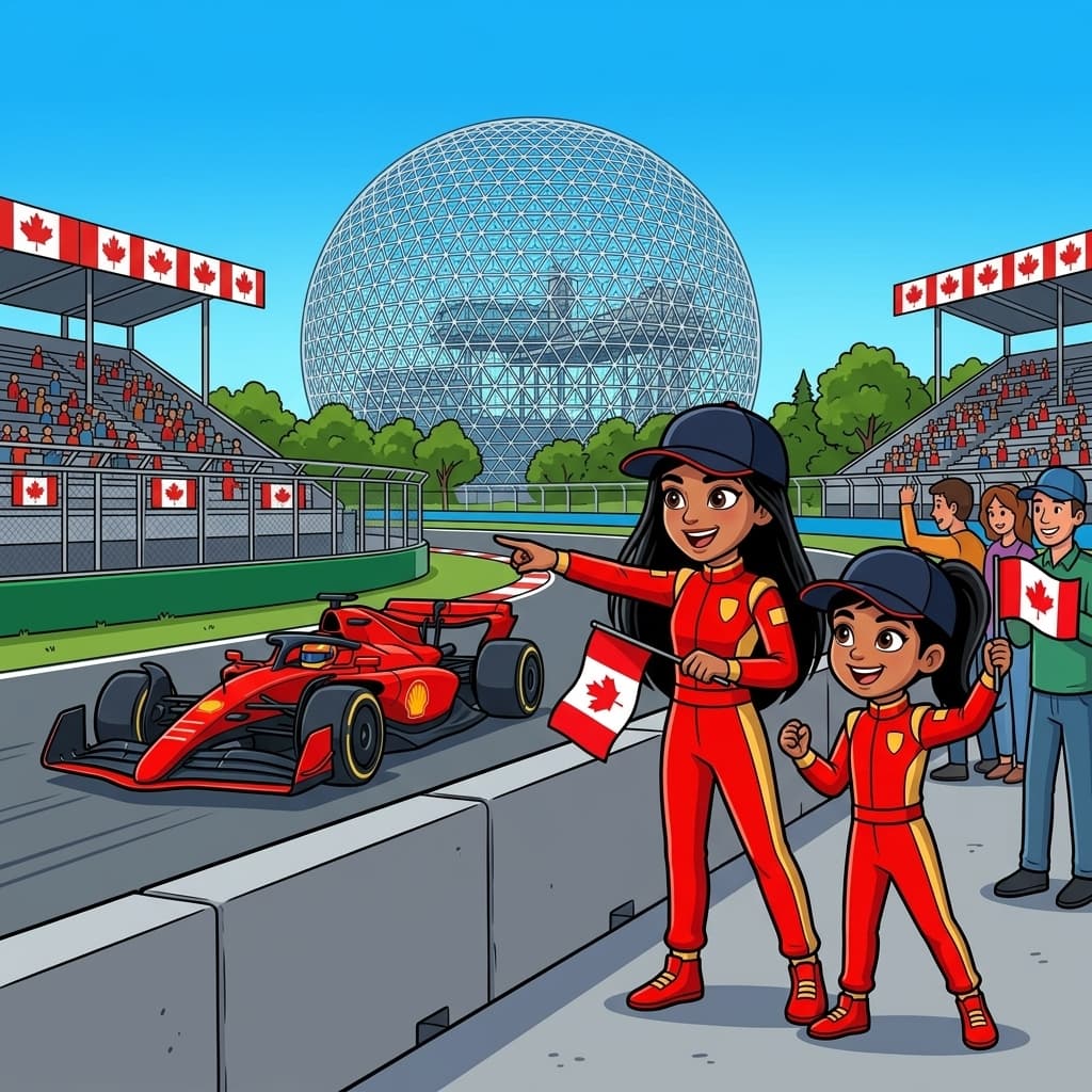 Two young racing fans at the Canadian Grand Prix in Montreal, waving Canadian flags trackside