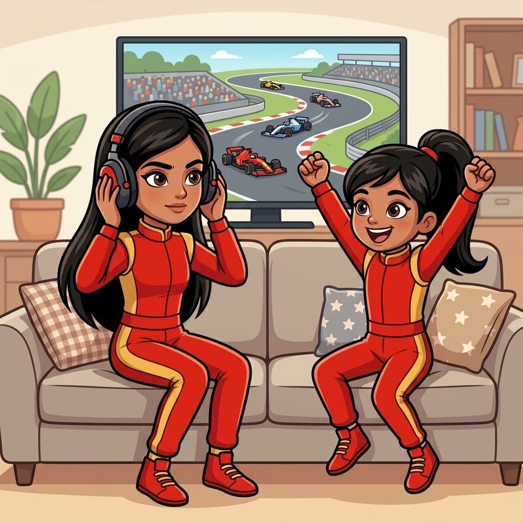 Two young racing fans watching F1 together on TV — one wearing team-radio headphones and the other cheering