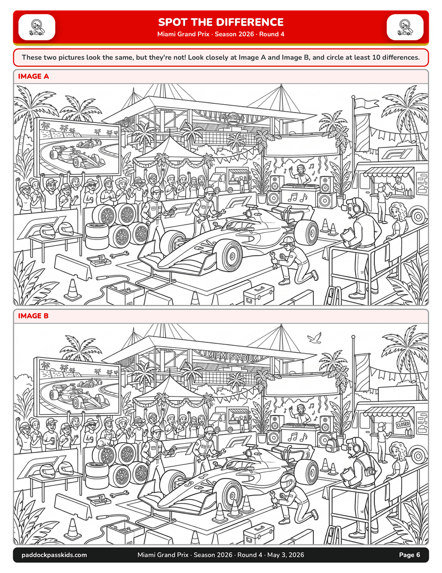 Miami packet spot the difference puzzle — F1-themed side-by-side race scenes for kids