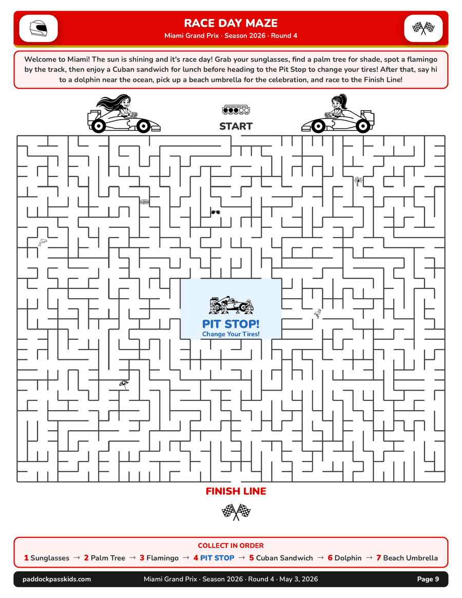 Miami packet race day maze page — navigate the pit lane puzzle for kids during the race