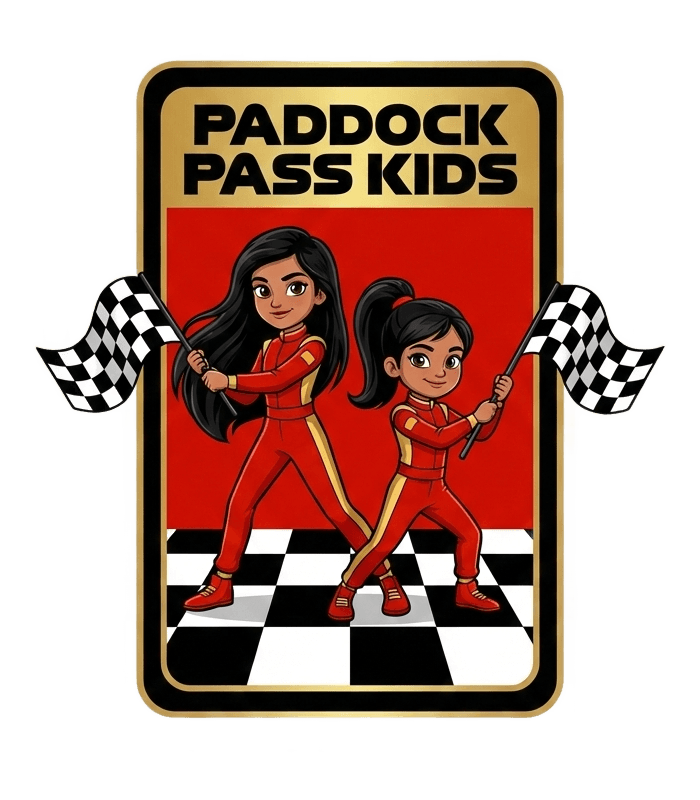 Paddock Pass Kids — two kid mascots (Malini and Sivi) in F1 racing suits with checkered flags